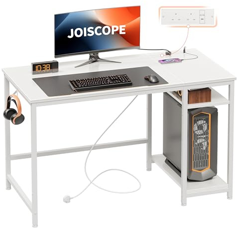 JOISCOPE White Computer Desk, 120cm with USB Outlets, Type-C Port, Shelves, Gaming Desk with Headphone Hook, for Study, Play, Work and Home Office