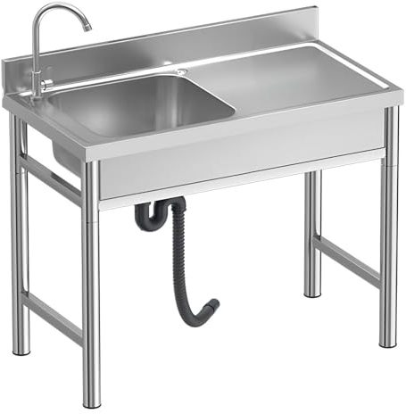 Allzweckspüle aus Edelstahl, freistehende Einzelspüle, Küchenspüle, tragbare Outdoor-Campingspüle mit Werkbank und Abflussset