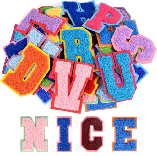 ASTARON 26 Stück selbstklebende Buchstaben Aufnäher Chenille-Buchstaben Aufkleber, A-Z gestickte Applique-Aufnäher Alphabet-Stoffaufnäher für Kleidung, Taschen, Hut, DIY-Zubehör (Gemischte Farben)