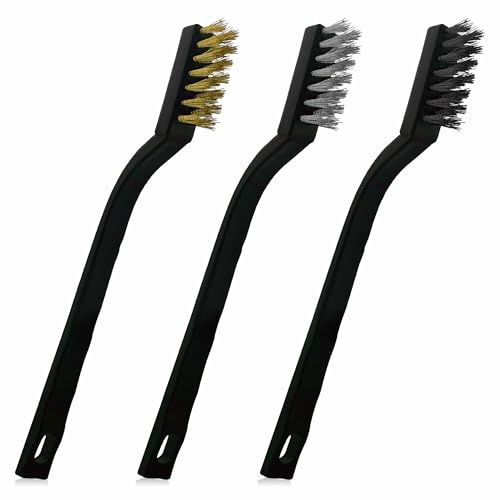G4GADGET Juego de 3 mini cepillos de alambre, cepillos de acero, latón y nailon, removedor de óxido para metal, parrilla de barbacoa, pelacintas, cepillos de alambre pequeños para limpieza