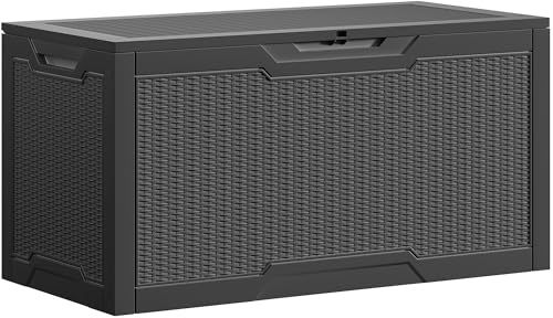 DWVO Gartenbox Auflagenbox Aufbewahrungsbox Kissenbox Outdoor Gartentruhe|Moderne Rattan|Wasserdicht Gasdruckfeder|Für Sitzauflagen Gartengeräte & Kinderspielzeug|380 Liter 115.4x55x58.3cm|Schwarz
