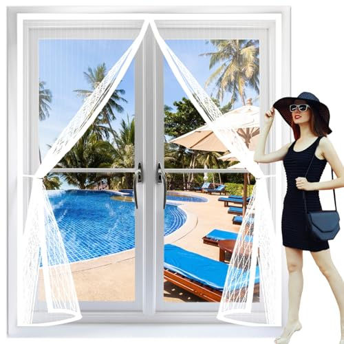 Magnetic Door Screen 80 x 114 cm Automatically Closes, Keep Bugs Out, Without Drilling, Easy to Install, Magnetic Fly Insect Screen for Double Door/French Doors, White