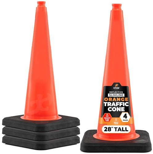 Xpose Safety 28 Inch Orange Slim Line Traffic Cones Heavy Duty 10lb, 4-Pack Multipurpose PVC Plastic Safety Cone for Parking, Soccer, Caution, Kids & Construction - DOT Approved