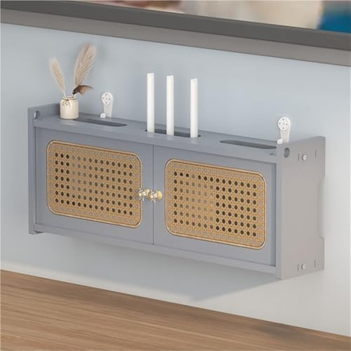 SMGCEHC Wall Mounted Router Box Hider Cabinet, Rattan Router Storage Box, Modem Cable Cover Organized Power Strip Cable Management Hider Rack by Wood 23.6''L x 9.1''H x 4.5''D(Gray)