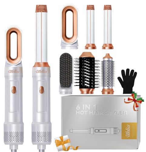 UKLISS Cepillo de aire caliente, Hair Styler 6 en 1 Set con Secador Iónico, rizador automático, Hair Dryer, Thermal Brush, Hair Straightener, Set de regalo para mujeres rizadas, lisas - Blanco