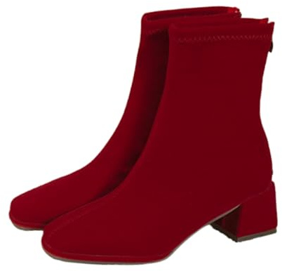 LDXEQIZ Stivaletti Rossi Stivali Bassi in Pelle Scamosciata da Donna Ankle Boots Chelsea Stivaletti Vintage con Punta Quadrata E Tacco A Blocco Scarpe alla Caviglia Taglie Forti con Cerniera(38 EU)