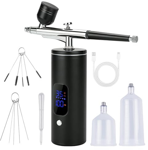 Set aerografo wireless con compressore, 30 PSI, batteria portatile, ricaricabile, pistola aerografo palmare, accessori per la pulizia del trucco, decorazione della torta e modello, nero