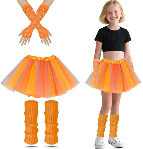 AffeGifts Déguisement Année 80 Fille, Deguisement Disco Enfant Filles Néon Jambes Chauffers Filets Gants et Robe Fantaisie Tutu Pour Les Années 1980 Fête à Thème Discothèque Fête Costume