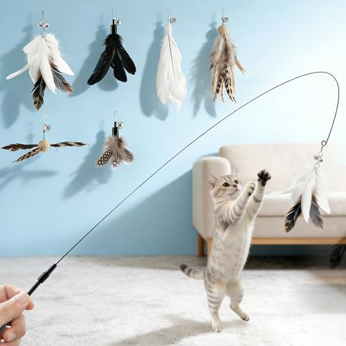 VavoPaw 6-in-1 Interaktiv Katzenspielzeug für Wohnungskatzen,33,5 | Katzenangel mit Feder,Knitterpapier Füllungen,Spielzeug für Kätzchen,Katzen Spielzeug Spielstab für Erwachsene Katzen