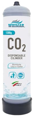 Whimar Bombola CO2 per Acquario 1300 g Usa e Getta – Attacco Standard 10x1 mm con Piedino, Anidride Carbonica per Impianti CO2 Acquari, Produzione Made in Italy