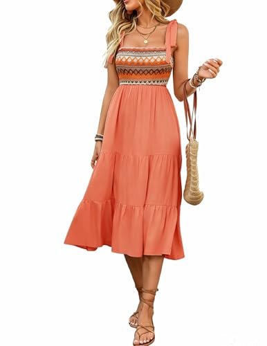 KUNJLELP Vestito Donna Elegante Senza Maniche con Spalline Abito Midi Boho Chic con Balze Vestito Estivo Casual da Spiaggia Vacanza,Arancione,S