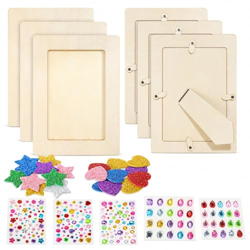 Marcos de Fotos Madera Set 6 Piezas, Marcos de Madera en Blanco para Pintar para Niños Cumpleaños, Kit DIY con Piedras Brillantes & Pegatinas 3D Estrellas, Marco 20x15cm para Decoración Creativa