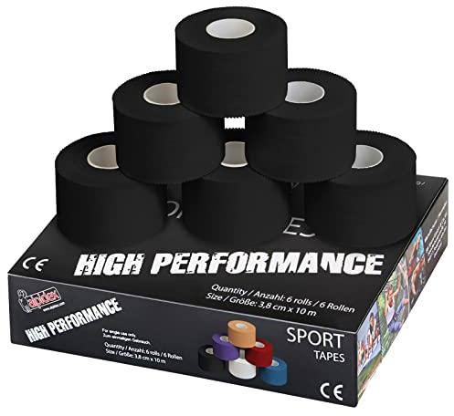ALPIDEX 6 Rollen Sport Tape Set 3,8 cm x 10 m Gelenk Tapeverband Viele Farben Reißbares Unelastisches Sporttape Hautfreundlich Handball Fußball Volleyball, Farbe:schwarz