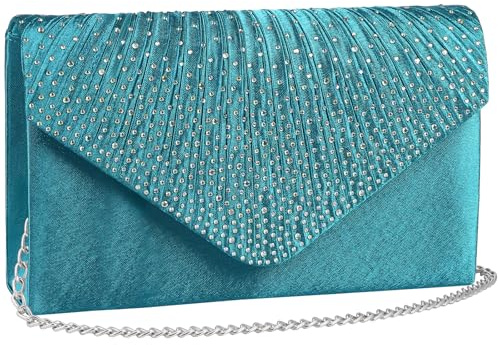 wocharm Womens Ladies Satin Diamante Clutch Bag Envelope Handbag Evening Bridal Bag Wedding Fashion Prom Vintage Shoulder Bags(Teal blue)