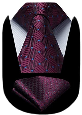 HISDERN Burgundy Blue Ties for Men Wedding Maroon Tie Pocket Square Set Red Wine Silk Plaid Polka Dot Neckties Handkerchief Formal Magenta Necktie