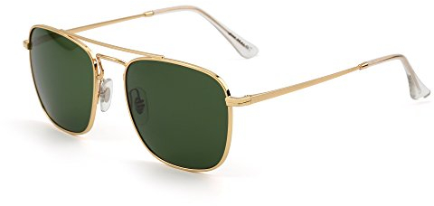 Jim Halo Retro Square Sunglasses Premium Glass Lens Flat Metal Eyewear Men Women (Gold/Green)