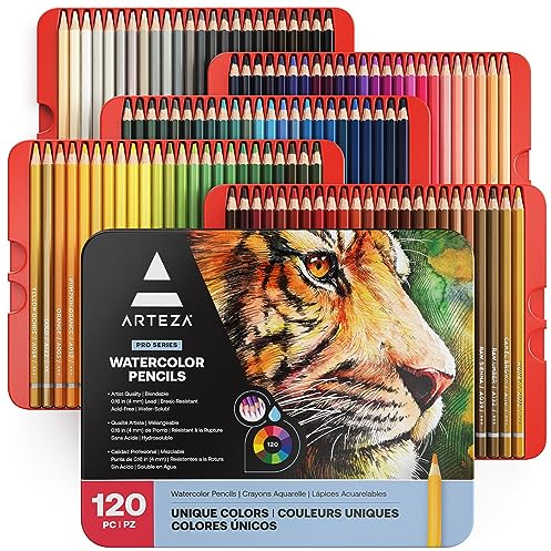 ARTEZA Aquarellstifte, 120 Aquarell Buntstifte Set, Stifte für Aquarellmalerei in tragbarer Metallbox, wasserlösliche Farbstifte zum Mischen, Schichten & Aquarellieren, professioneller Künstlerbedarf