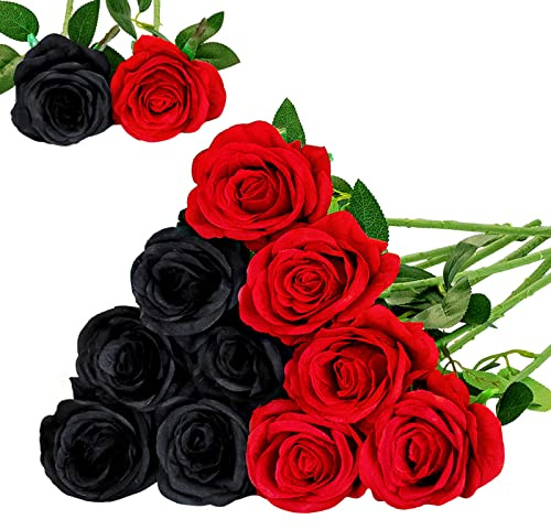 Floralsecret 12 Stück künstliche Seide Rosen Blumenstrauß Faux Flowers Home Hochzeitsfeier Dekor(Schwarz, Rot)