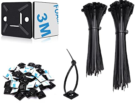 SZXULI 200Pcs Black Cable Ties Set, 100Pcs Nylon Plastic Zip Ties 120mm/150mm and 100Pcs Strong Self Adhesive Wire Clips Mount Base, Desk Cable Management Organiser Kit for Bedroom Office