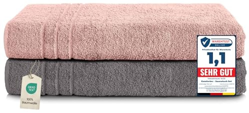 Komfortec Uppsättning av 2 bastuhanddukar, 80 x 200 cm av 100% bomull, XXL bastuhandduk, mjuk, stor, frotté, snabbtorkande, antracit grå/blomrosa