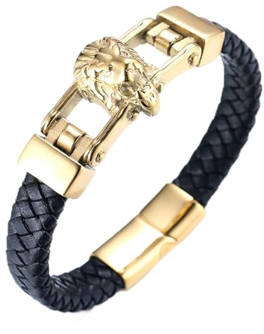 Halukakah Goldarmband für Herren,24k Vergoldet Solide Titan Stahl Wolf Löwe Leopard Wildtier Wikinger Handgefertigtes Lederarmband Magnetverschluss 21,5cm,KOSTENLOSE Geschenkbox