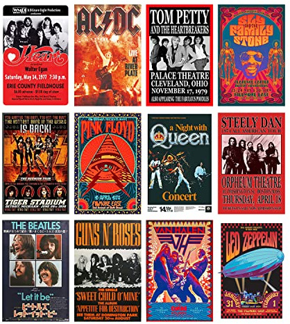 Woonkit Vintage Rock Band Posters for Room Aesthetic, 70s 80s 90s Retro Music Room Wall Bedroom Decor Art, Vintage Rock Concert Poster Wall Collage, Old Music Album Cover Prints (12 SET B, 7.8X11.8 INCH)