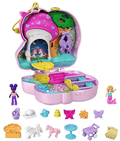 Polly Pocket Unicorn Forest Compact Tea Party-Themed Playset with Glitter Horn, 2 Micro Dolls & 13 Accessories, Toy Gift for Ages 4 Years Old & Up, HCG20
