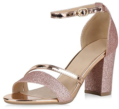 VAN HILL Damen Sandaletten Lack Riemchensandaletten Glitzer Metallic Schuhe Elegante High Heels Party Abendschuhe 154300 Rose Gold Elegant 41