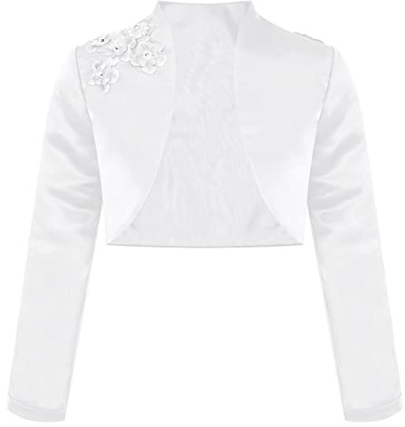 CHICTRY Girls Satin Long Sleeve Flower Bolero Shrug Short Cardigan Wedding Bridesmaid Dress Cover Up Jacket Top White 9-10 Years