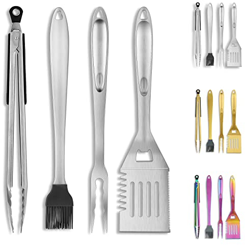 Kyraton Grill Accessories Kit 4 pezzi, Set di attrezzi per accessori alla piastra, acciaio inossidabile con manico in bachelite - resistente al calore e senza fusione, ottimo per barbecue all'aperto