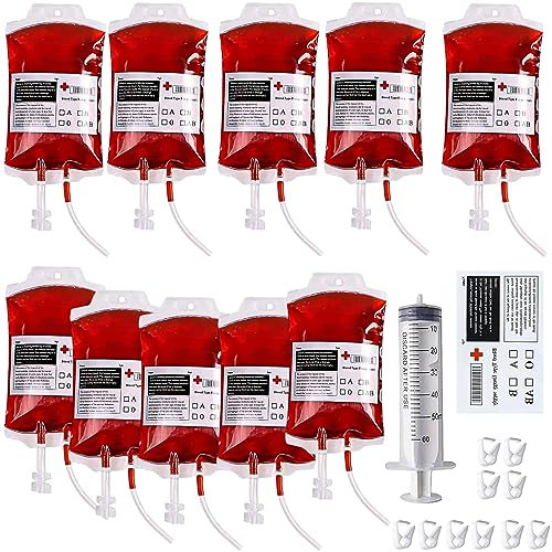 NHYDZSZ Bolsas de Sangre para Bebidas,10pcs Bolsas de Sangre de Halloween Contenedor,Halloween Bolsa de Sangre para Beber con Clips Tipo de Sangre Pegatina Y Jeringa,para Cosplay Decoración