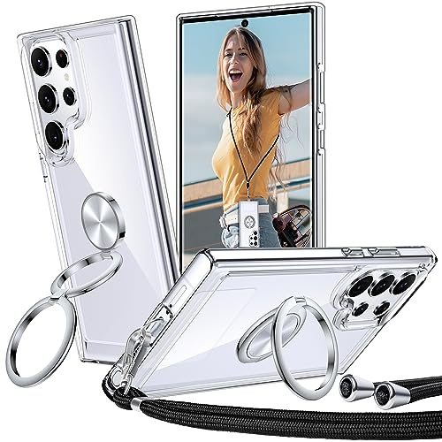 XYZ für Samsung Galaxy S22 Ultra Hülle mit Band, Clear | Doppelring Ständer HandyHülle, Dünn Stoßfeste Case, Anti-Kratzt SchutzHülle