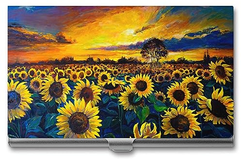 Niapessel Visitenkartenhalter, Motiv: Sonnenblumenfeld, Malerei, dünn, tragbar, Metall, Visitenkartenetui für Damen und Herren, 9,4 x 5,6 x 0,8 cm, Stil-9
