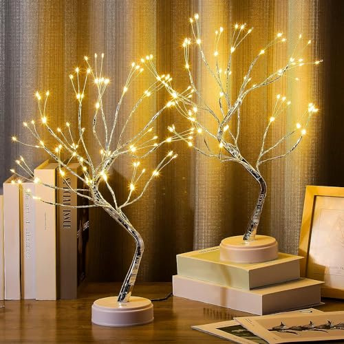 XhuangTech - Bonsai-Baum Tischlampe mit 108 LEDs Kupferdraht Batteriebetrieben / USB für Schlafzimmer, Schreibtisch, Weihnachtsfeier (Warmweiß, 2 Pack))