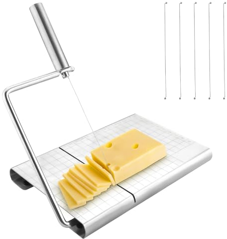 Cheese Slicer with 5pcs Wire Replacement, Heavy Duty Cheese Cutter Multipurpose Food Butter Slicer Accurate Size Scale Cheese Cutter Board for Block Cheeses Butter Sausage Meats
