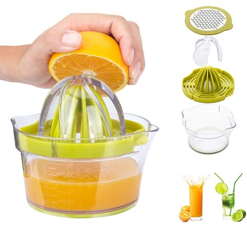 Manueller Multifunktions-Entsafter für Zitrusfrüchte, 4-in-1-Entsafter für Orangen, Zitronen, Zitrusfrüchte, mit 2 Reibahlen, 400 ml graviertes Maß (ZZJIDGN-663)