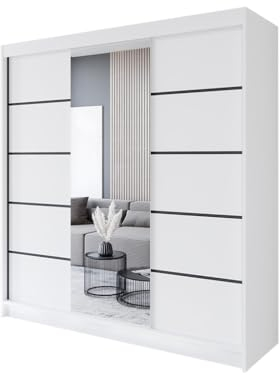 Easy4You R6 200 cm Weiß Schiebetüren Kleiderschrank 200x215x58 cm mit Spiegel - Schlafzimmermöbel, Aufbewahrung - Mehrzweckschrank