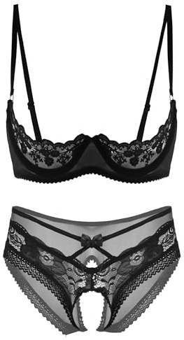 inhzoy Damen Büstenhebe Sexy Dessous Set Ouvert Spitze Slip String BH Set Reizwäsche Für Sex Damen Offener Schritt Und String Durchsichtig Schwarz XL
