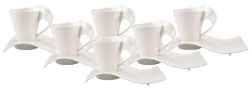 Villeroy & Boch NewWave Caffè Kaffeebecher mit Unterteller, 6er Set, 300 ml, Kaffee-Set mit modernem Wellen-Design, Premium Porzellan, Spülmaschinenfest & Mikrowellensicher, Weiß