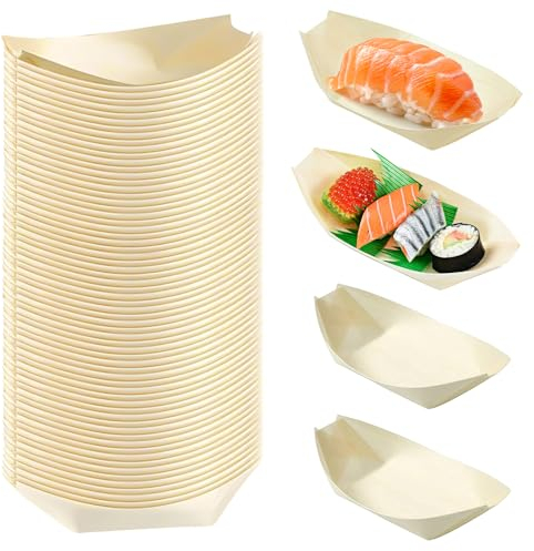 JKYVAA Bamboo Food Boats - Eco-Friendly Disposable Plates, Wooden Serving Trays for Party, BBQ, Hot Dogs, Crepes, Salad, Chips, Fingerfood, Sushi (17 x 8.5cm)