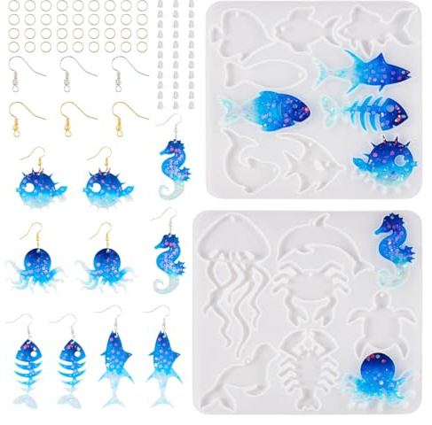PandaHall 2 unidades Moldes de Resina Oceánica Cangrejo Pez Pulpo Tortuga Colgante Moldes de Silicona con Ganchos para Pendientes Anillas de Salto para Fundición de Epoxi Manualidades Fabricación de