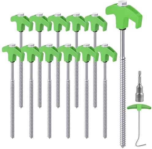 Forever Speed 12 Stück Zeltheringe aus Stahl mit Bit ＆ Nagelzieher, 25 cm Camping Heringe Stahl Bodenanker Felsbodenhering für Harte Böden, Wald, Wiesen - Grün + Silber