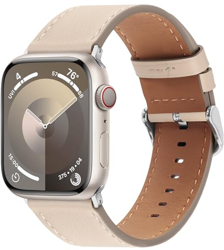 Bisikor Compatible avec Bracelet Apple Watch 49mm 45mm 44mm 42mm 41mm 40mm 38mm, Bracelet de Cuir Véritable Remplacement pour iWatch Ultra SE Séries 9 8 7 6 5 4 3 2 1 (38/40/41, Lumière Stellaire)