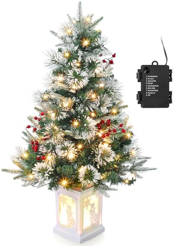 90cm Weihnachtsbaum künstlich mit 78 Beleuchtung,Batteriebetrieben Pre-lit Premium Snow Flocked Künstlicher Weihnachtsbaum mit roten Beeren Weihnachten deko für Zuhause, Büro, Weiße Basis