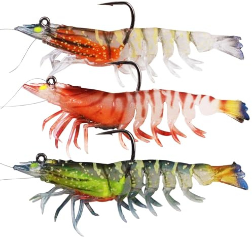 Ryvera 3 Stück Garnelen Köder, 3D Realistische Bait mit Leucht Effekt, 20g/10cm Ultra Scharfer Haken TPE Köder für Fluss, See, Meer – Ideal für Forellen, Barsch, Hecht