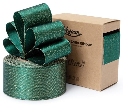 Keypan Grün Satinband 38mm Doppelseitig mit Drahtkante Geschenkband | 9.14m Glitzerndes Schleifenband für Geschenk Verpackung, Schleifen Blumenstrauß & Dekoration Kranz Baumschmuck