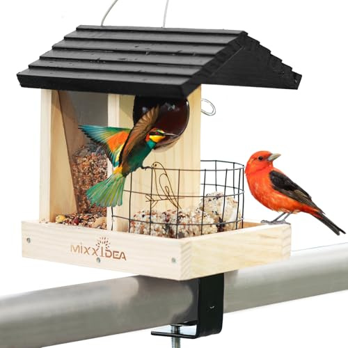 MIXXIDEA hölzerne Deck Vogelfutterspender für Geländer, Balkon Deck Vogelfutter Spender für draußen, robuste Vogelfutterspender für anziehende Wildvögel (1pack)