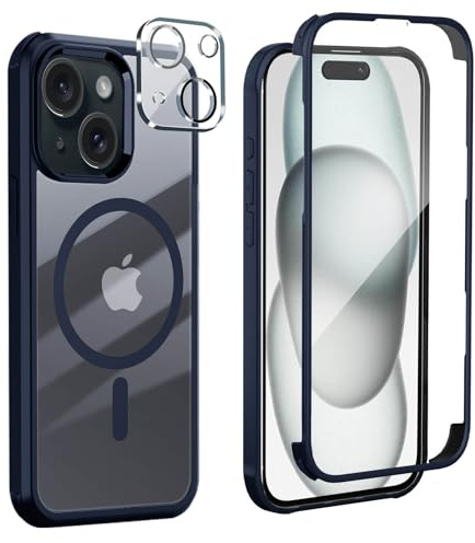 Leedia Kompatibel mit Magsafe iPhone 15 Hülle 360 Grad Schutz Blau | Ganzkörper Schutzhülle mit Eingebauter Panzerglas Displayschutz Stoßfest Case Handyhülle für iPhone 15 6.1