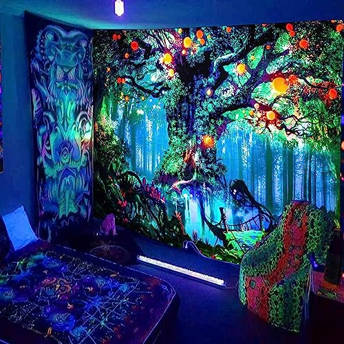Simpkeely Fantasievolles Schwarzlicht-Baum Wandteppich mit Waldfee, Natur und magischen Elfen Motiven, Wandbehang und UV-reaktive Wandteppiche für Schlafzimmer - 180cm x 300cm