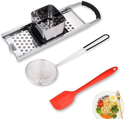 Mlesi Premium Stainless Steel Spaetzle Maker Widen Plastic Handle with Skimmer Spider Strainer & Spatula Homemade Egg Noodle Dumpling Perfect for pot Making Tool (Spaetzle Maker + Strainer + Spatula)